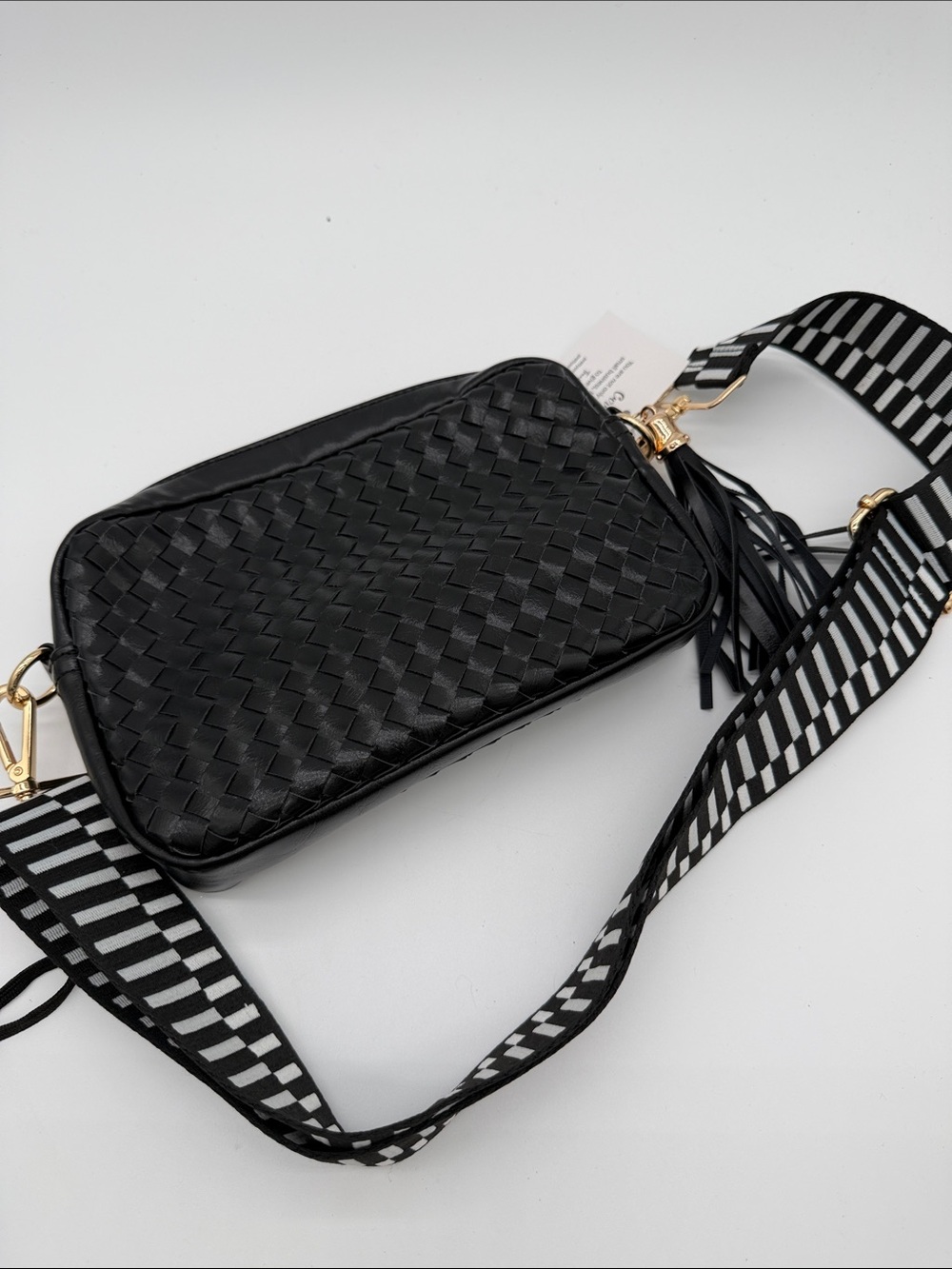 Woven Crossbody Bag with Striped Adjustable Strap - Black